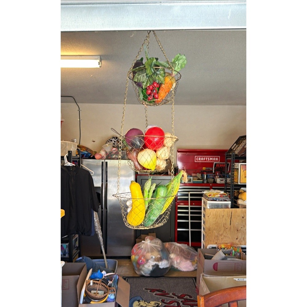 Vintage 3-Tier Hanging Metal Wire Basket with faux Fruit & Vegetable 50's-60's.